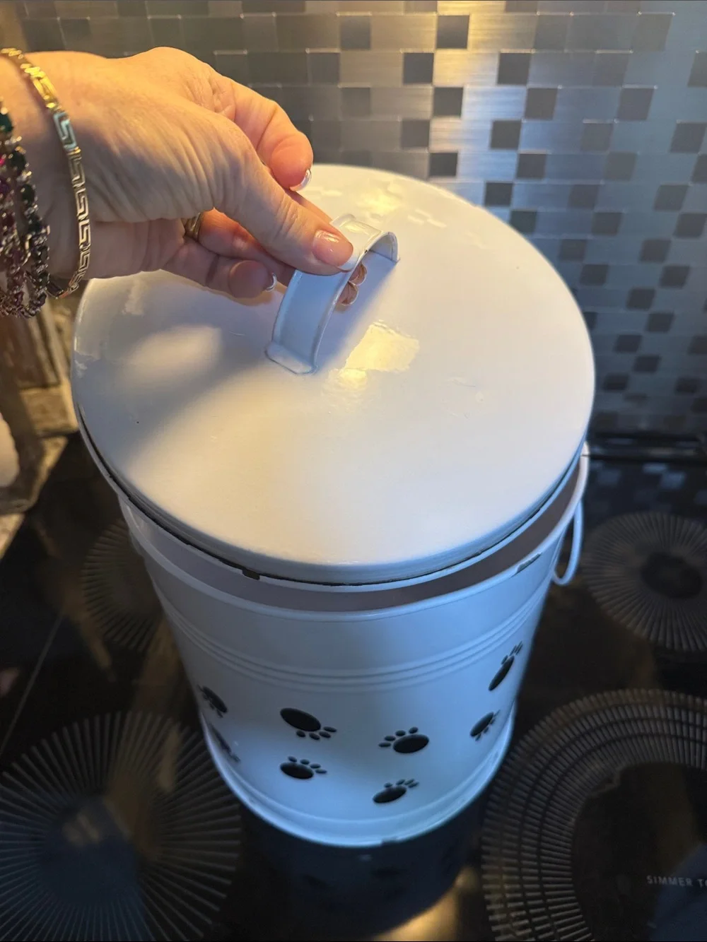 White Enamel Wear Paw-Print Metal Canister with Lid - Home Accents